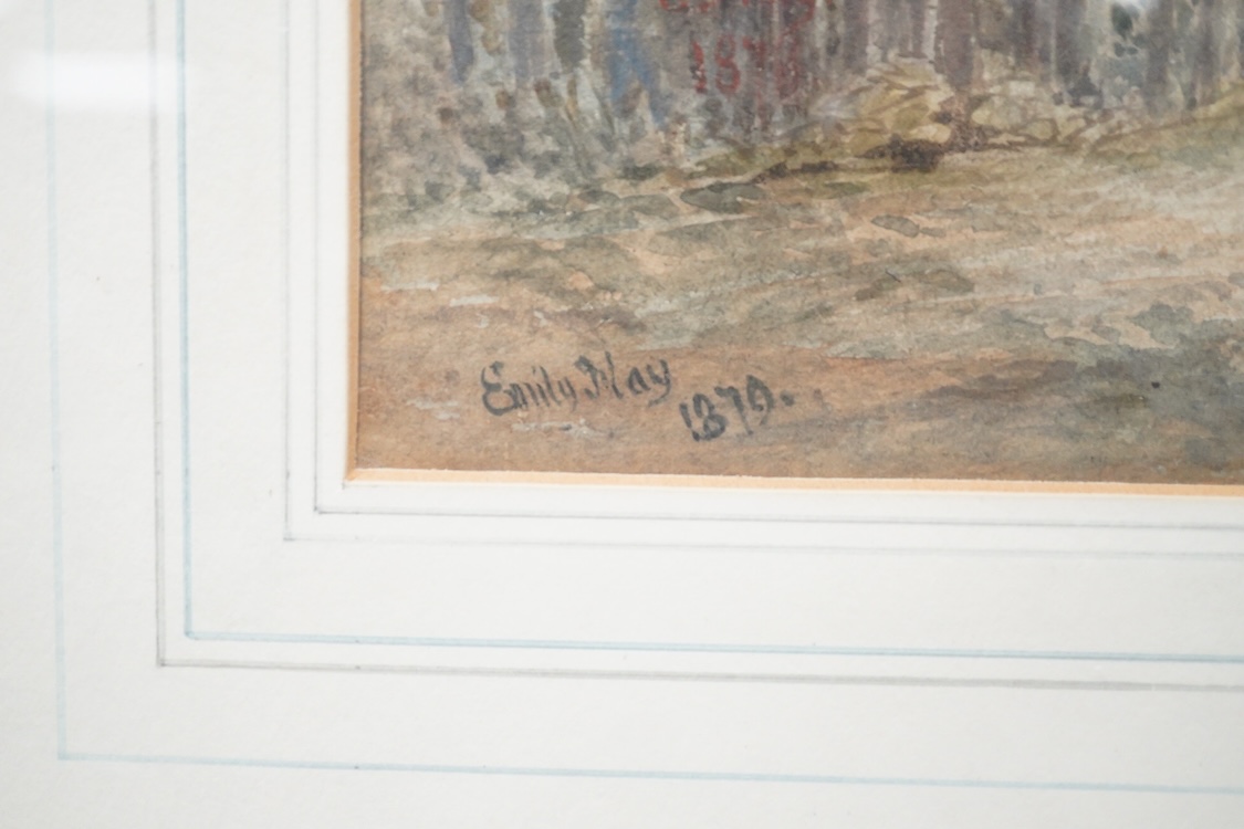 Victorian School, Farmhouse and barn with figures, a child and cattle, signed 'Emily May' and dated 1879, watercolour, 29 x 47cm